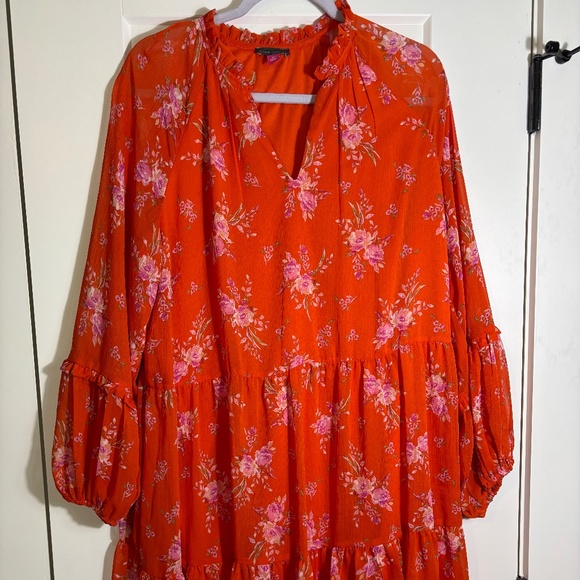 Vince Camuto Orange Longsleeve Dress with Pink Flowers and Ruffle‎ Details - Picture 1 of 4